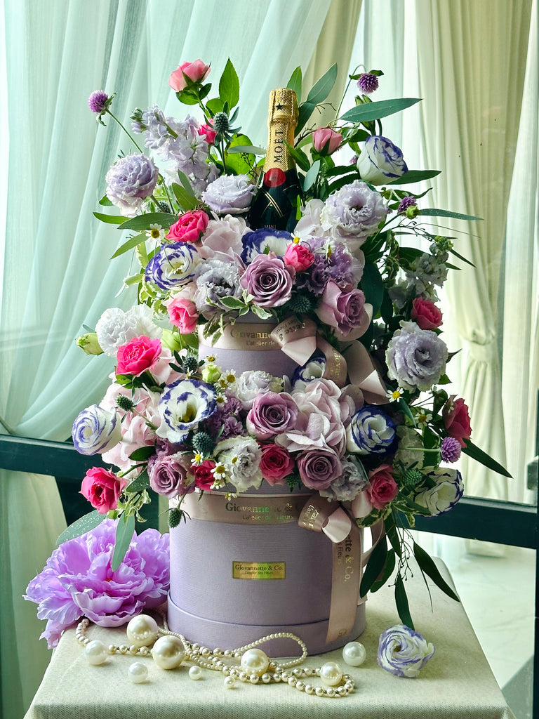 Two Tiers Royal Purple Blooms Box (Bundled with Mini Moet Champagne)