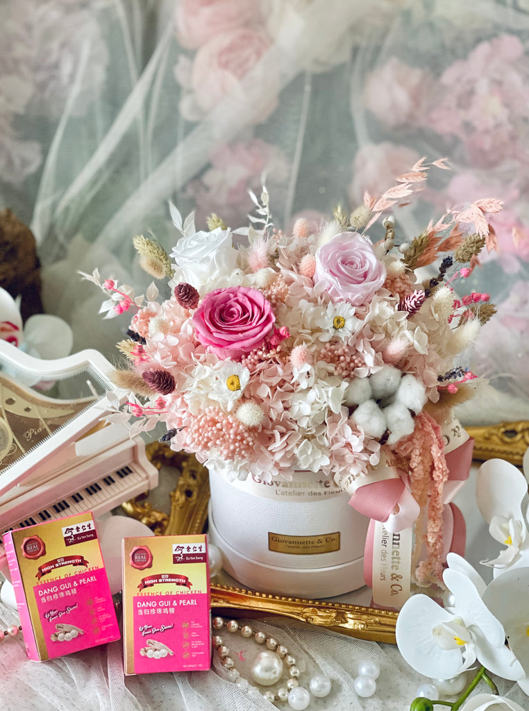 Everlasting Pink Delight Bloom Box (Preserved Flowers) with EYS Danggui Pearl Chicken Essence Nourishment Drink Set