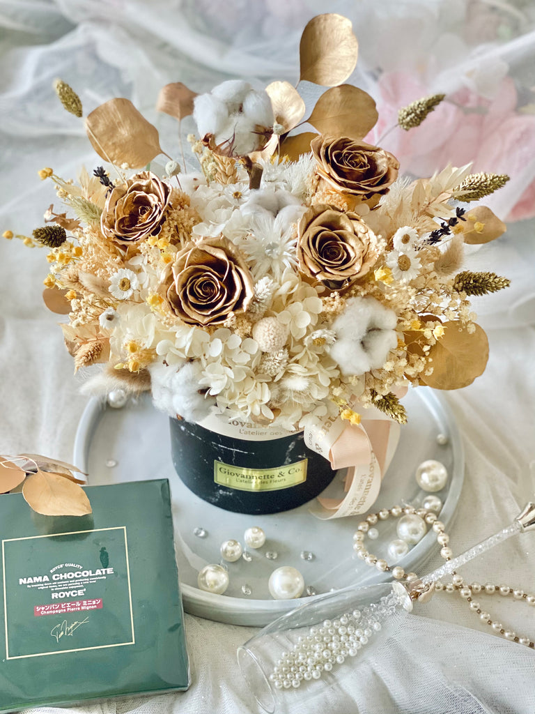 Eternity Stylish Golden Charm Blooms Box (Preserved Flowers)