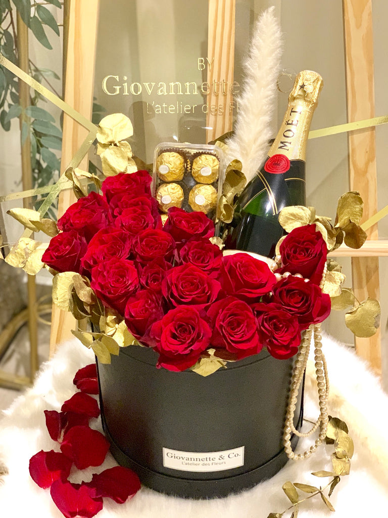 J’adore Rouge Rose Moet & Chandon Champagne Blooms Box (Bundled with Ferraro Chocolate)