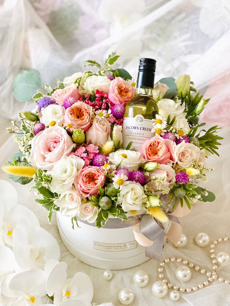 Floral Gardenia Blooms & Wine Box