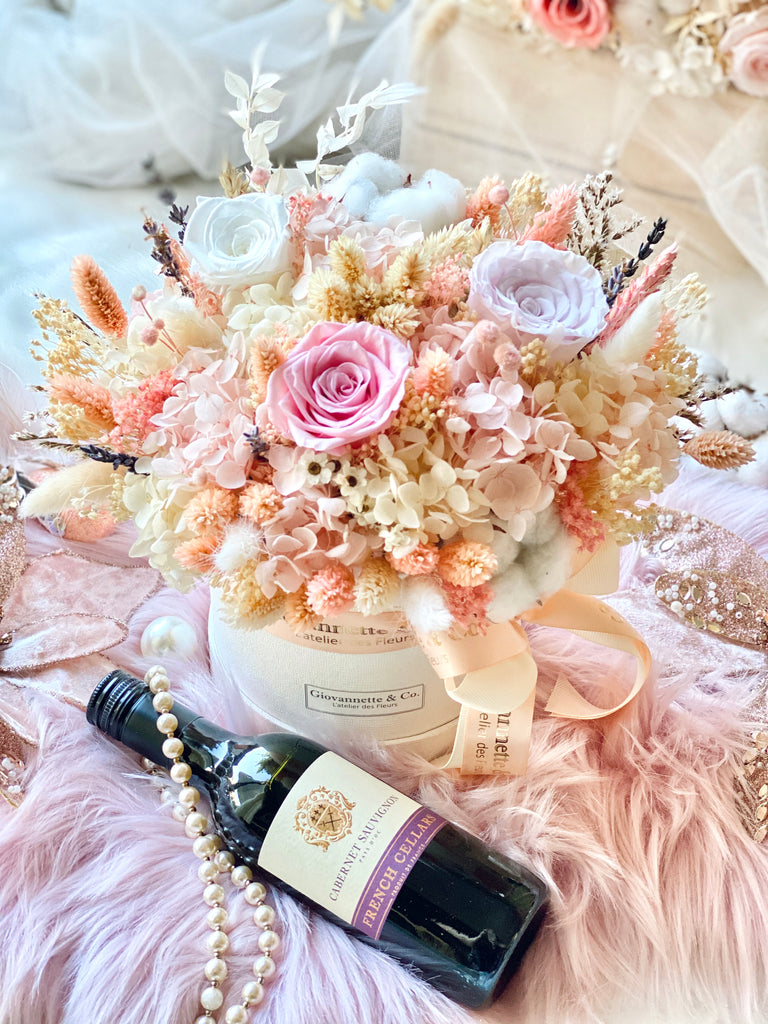 Everlasting Pink Delight Blooms Box (Preserved Flowers) with a Bottle of Red/White Wine Set