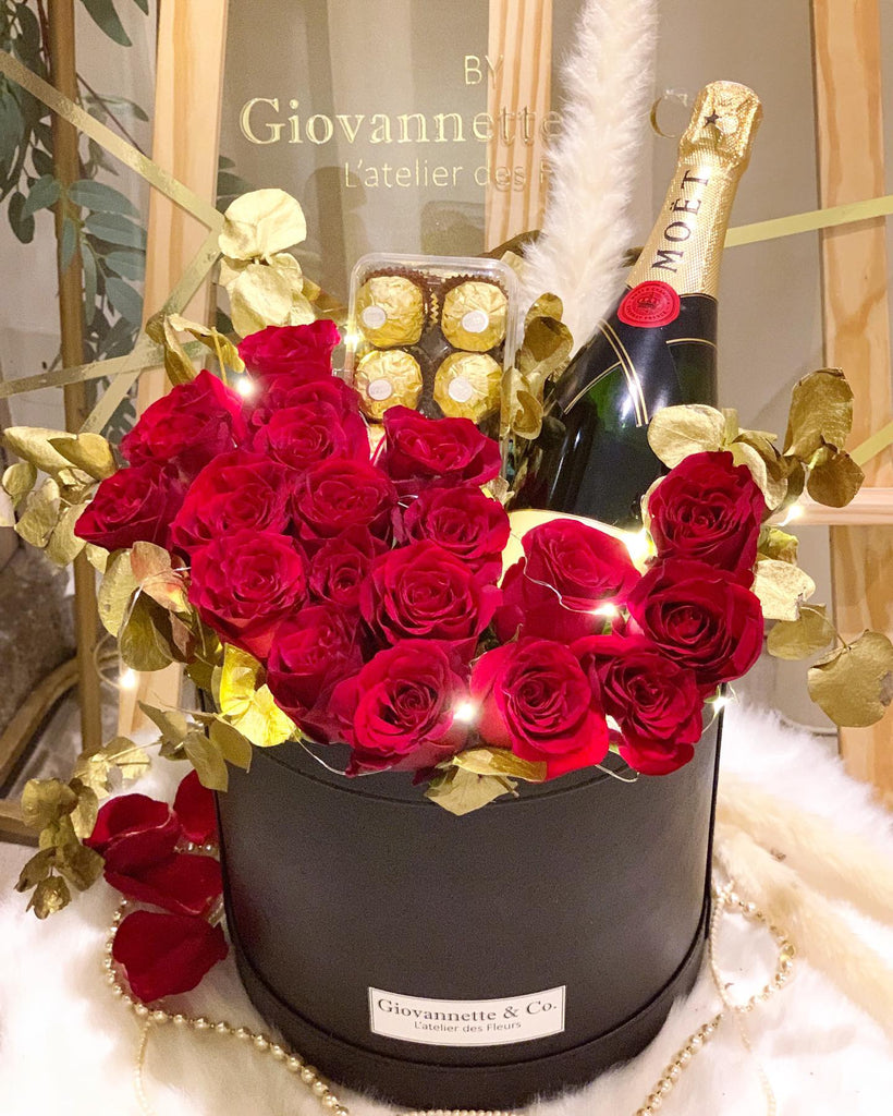 J’adore Rouge Rose Moet & Chandon Champagne Blooms Box (Bundled with Ferraro Chocolate)