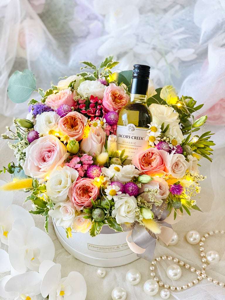 Floral Gardenia Blooms & Wine Box