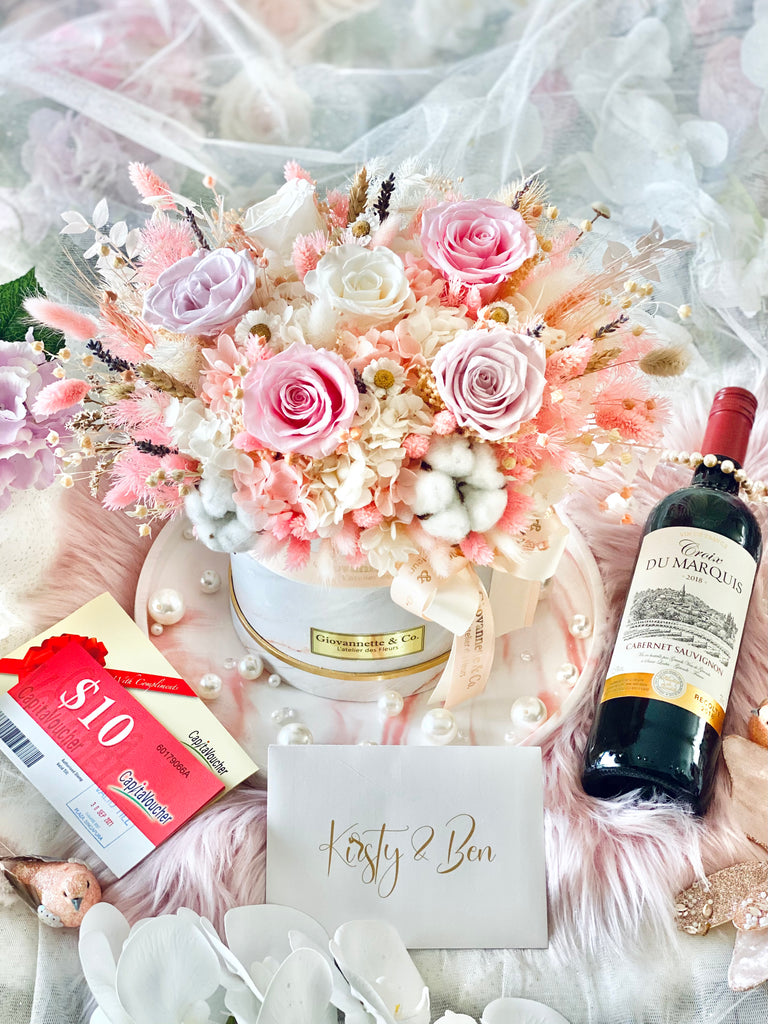 Everlasting Pink Delight Blooms Box (Preserved Flowers) with a Bottle of Red/White Wine Set