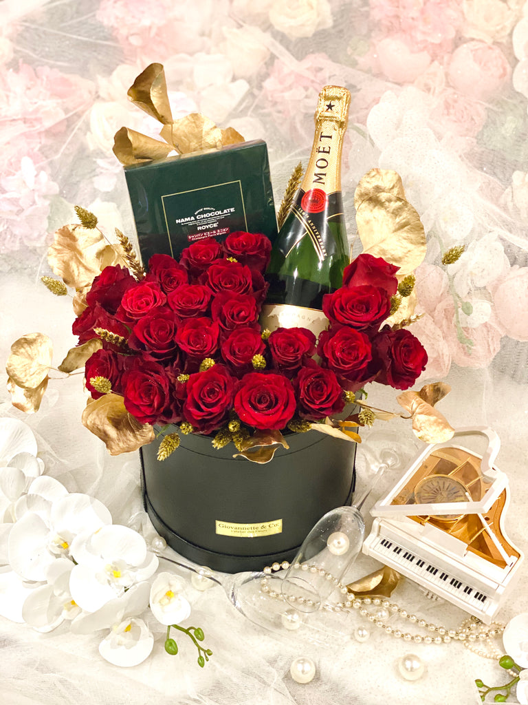 J’adore Rouge Rose Moet & Chandon Champagne Blooms Box (Bundled with Royce Chocolate)