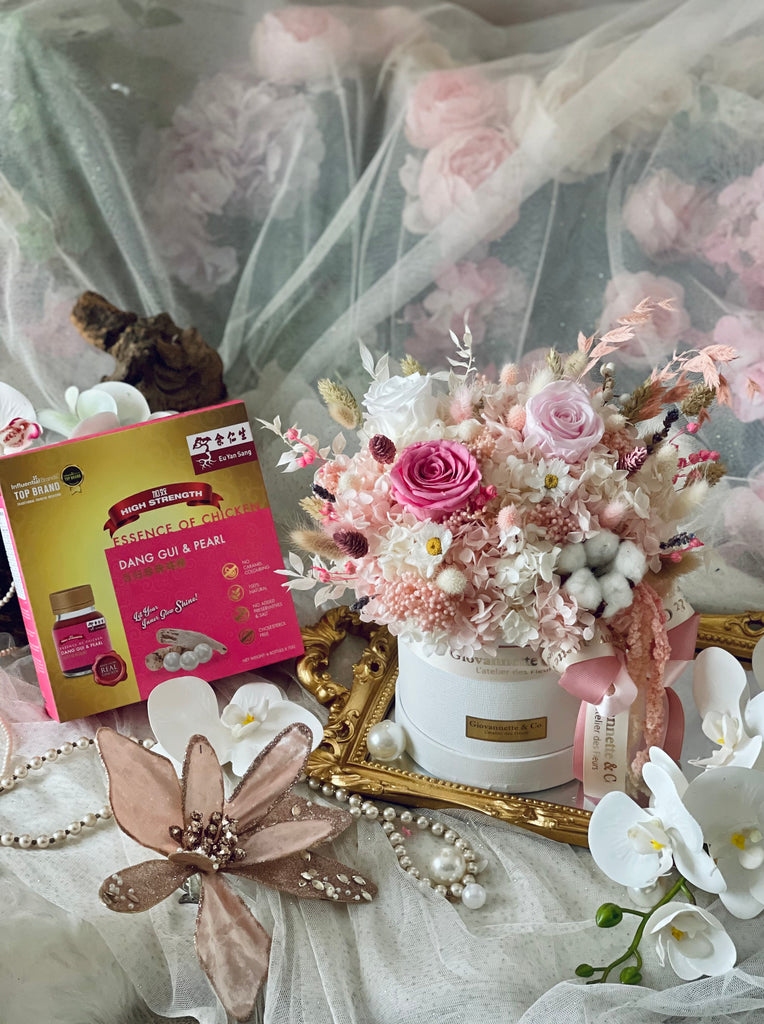 Everlasting Pink Delight Bloom Box (Preserved Flowers) with EYS Danggui Pearl Chicken Essence Nourishment Drink Set