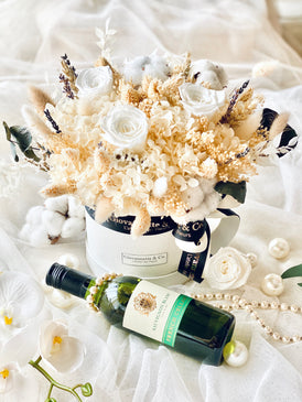 Everlasting White Delight Blooms Box (Preserved Flowers) with a Bottle of Red/White Wine (187ml)