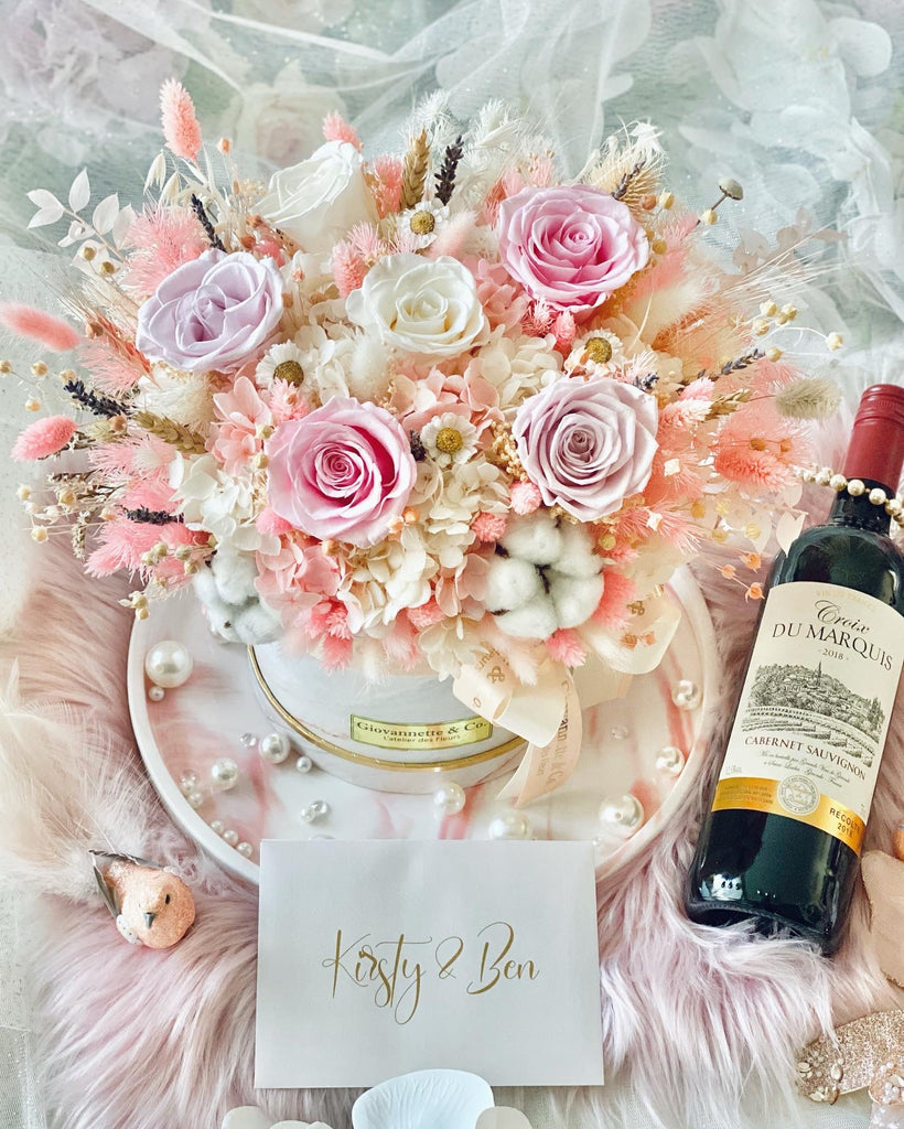 Everlasting Pink Delight Blooms Box (Preserved Flowers) with a Bottle of Red/White Wine Set