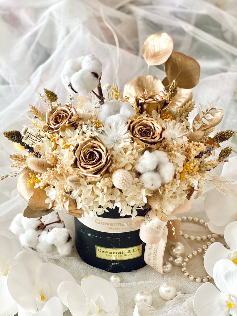 Eternity Stylish Golden Charm Blooms Box (Preserved Flowers)