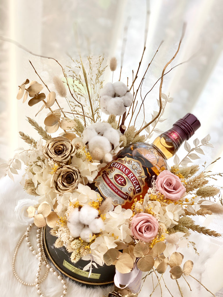 Prosperous Charm & Whisky Blooms Box (Preserved Flowers)