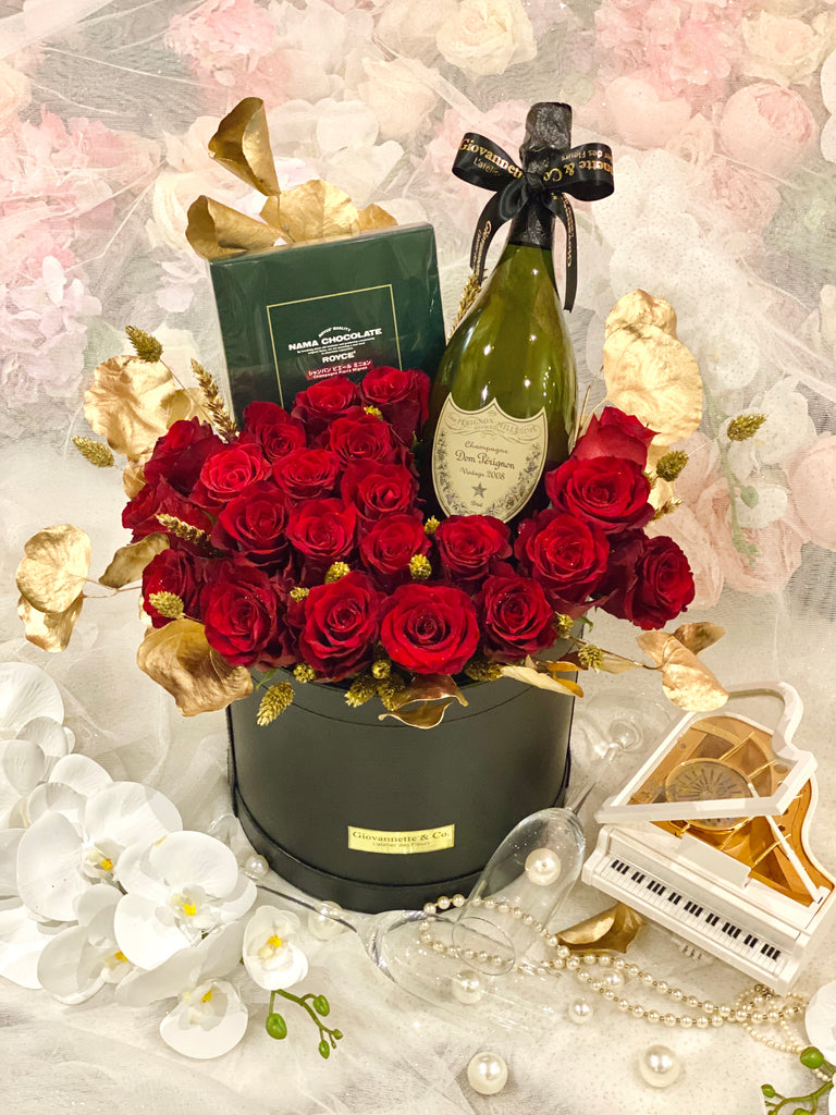 J’adore Rouge Rose Dom Perignon Champagne Blooms Box (Bundled with Royce Chocolate)
