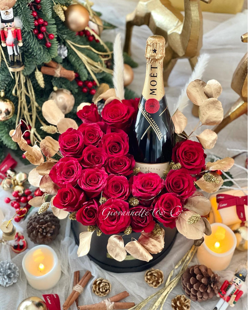 J’adore Rouge Rose Moet & Chandon Champagne Blooms Box