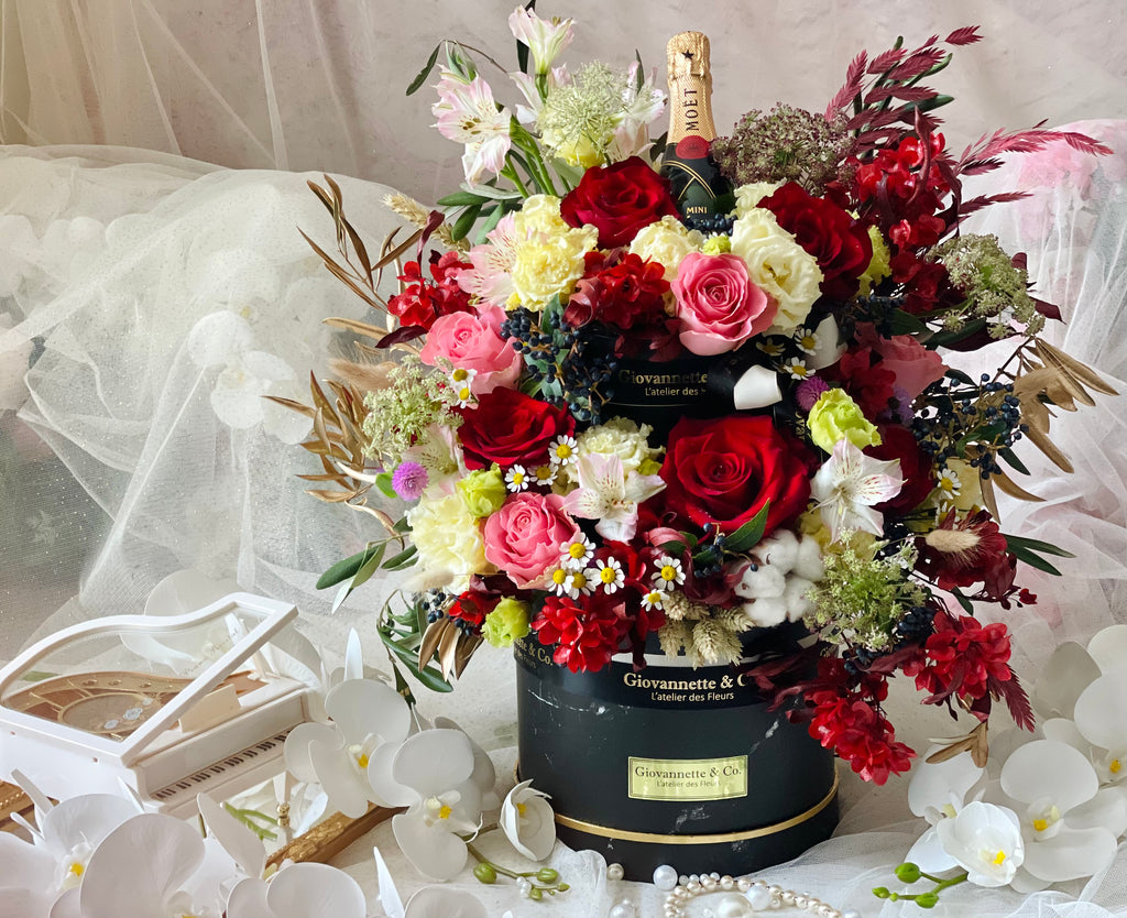 Two Tiers Royal Rouge Rose Champagne Blooms Box (Fresh Flowers)