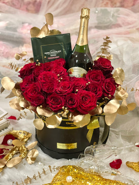 J’adore Rouge Rose Perrier Jouet Champagne Blooms Box (Bundled with Royce Chocolate)