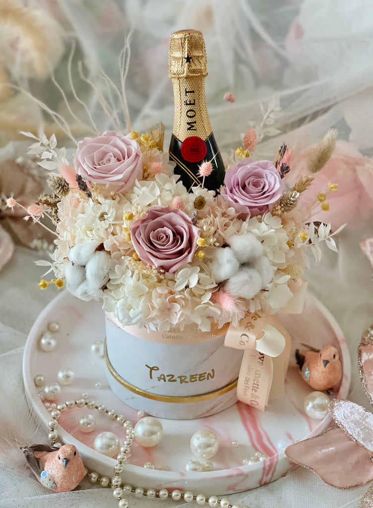Personalized Everlasting Elegant Blush Bloom with Mini Moet Champagne Set (Preserved Flowers)