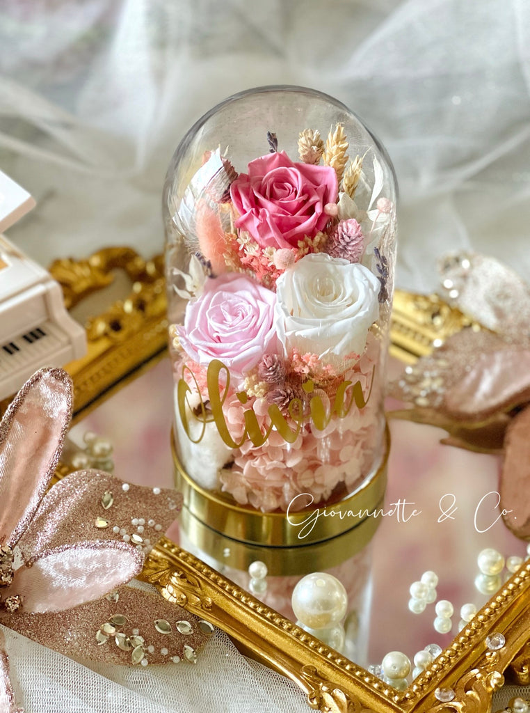 Personalized Everlasting Pink Bell Jar Blooms - 3 Roses