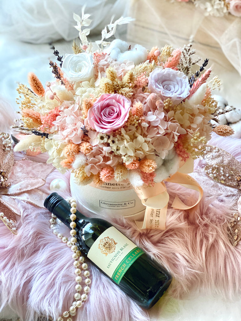 Everlasting Pink Delight Blooms Box (Preserved Flowers) with a Bottle of Red/White Wine Set