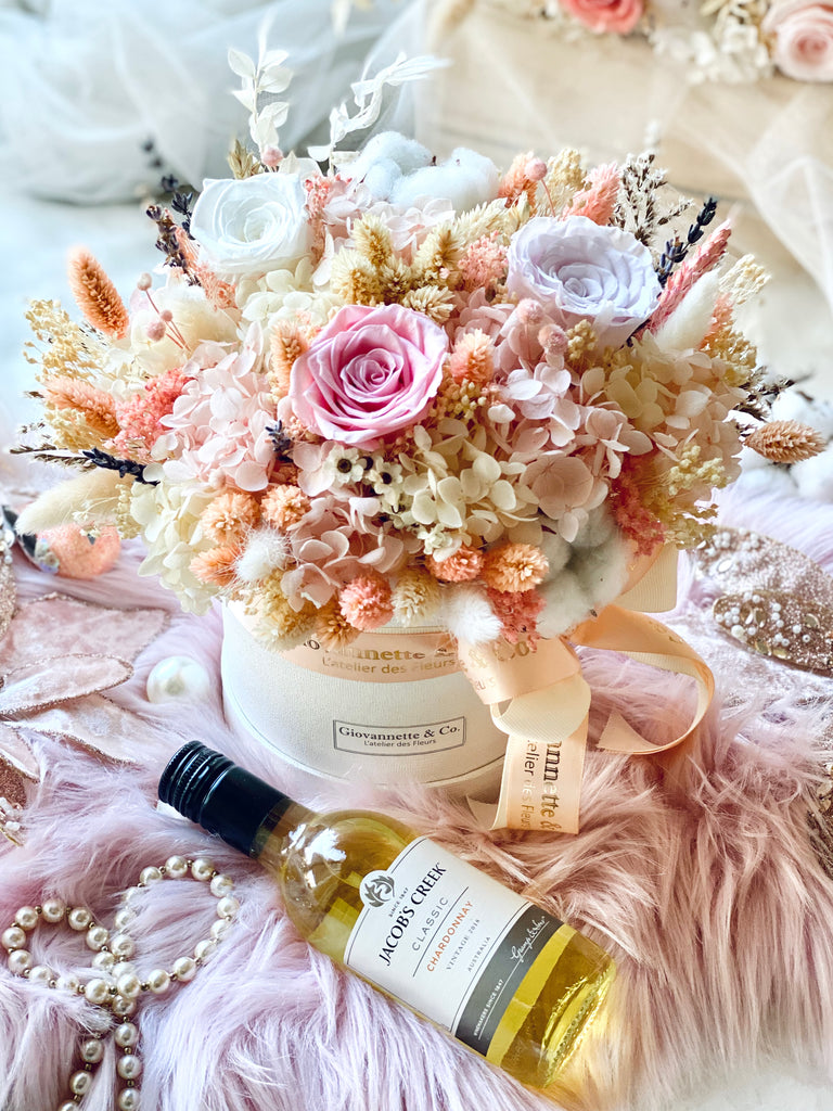 Everlasting Pink Delight Blooms Box (Preserved Flowers) with a Bottle of Red/White Wine Set