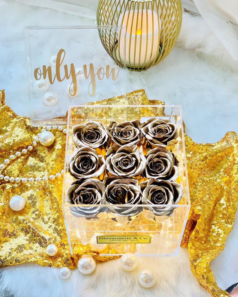 Personalized L’enchanteur Box (9 Preserved Gold Roses)