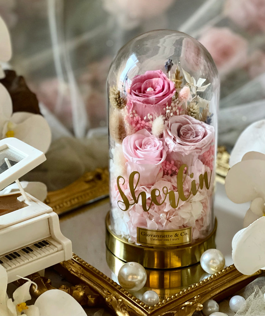 Personalized Everlasting Pink Bell Jar Blooms - 3 Roses