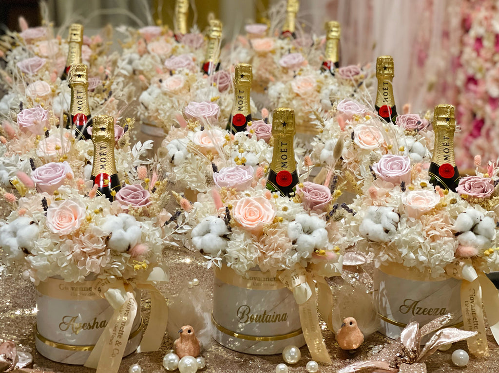 Personalized Everlasting Elegant Blush Bloom with Mini Moet Champagne Set (Preserved Flowers)