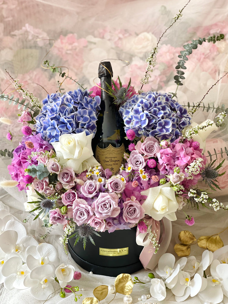 J’adore De Luxe Dom Perignon Hydrangea Bloom Box (Fresh Flower & Champagne)